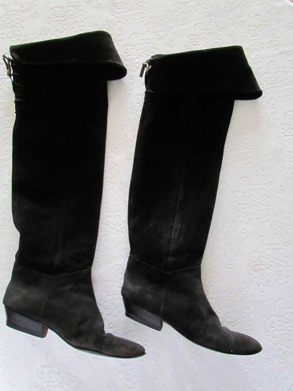PIRATE BOOTS, ABOVE KNEE w FOLD-OVER TOPS, MUSKETEER BLACK SUEDE LEATHER